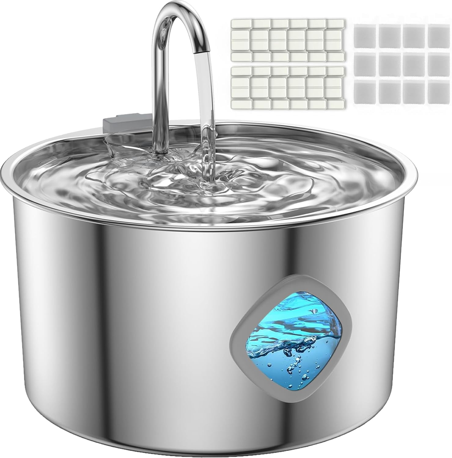 Stainless Steel Pet Water Fountain with LED Level Window, 3.2L Automatic Dispenser and Filters for Cats