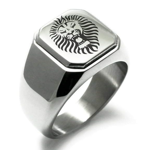 Stainless Steel Pharaoh Lion King Engraved Square Flat Top Biker Style Polished Ring