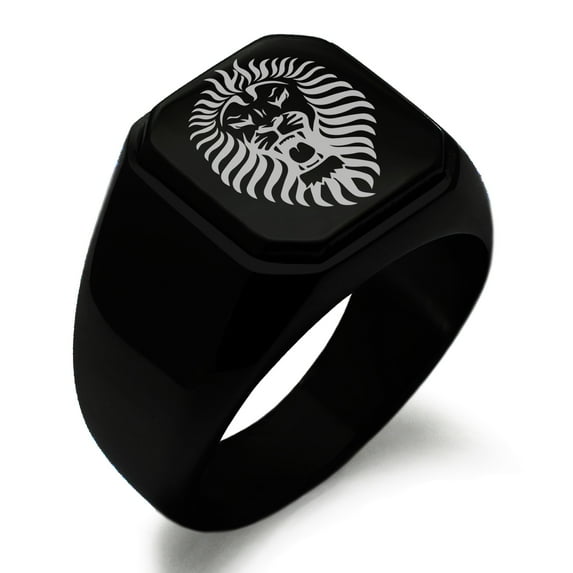 Stainless Steel Pharaoh Lion King Engraved Square Flat Top Biker Style Polished Ring