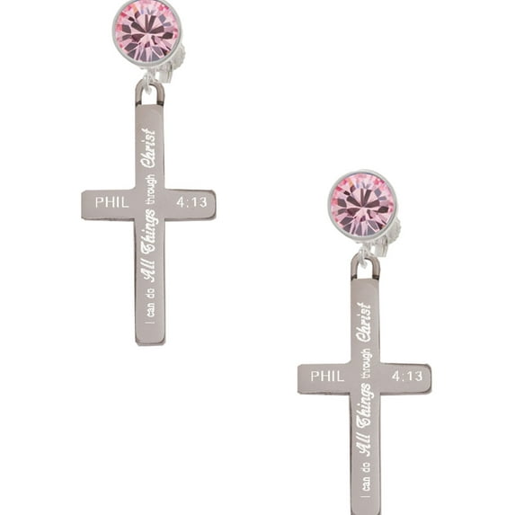 Delight Jewelry Stainless Steel Philippians 4:13 - I Can Do All Things Engraved Cross - Pink Crystal Clip on Earrings