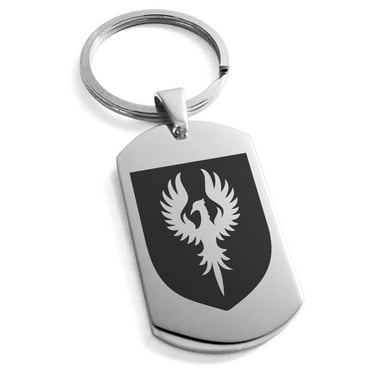 Stainless Steel Phoenix Resurrection Coat of Arms Shield Engraved Dog Tag Keychain Keyring