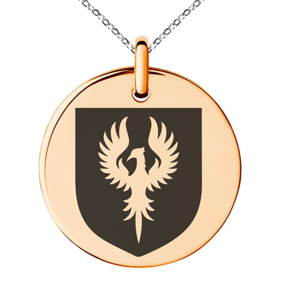 Stainless Steel Phoenix Resurrection Coat of Arms Shield Engraved Small Medallion Circle Charm Pendant Necklace