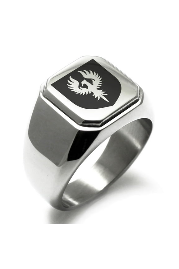 Stainless Steel Phoenix Resurrection Coat of Arms Shield Engraved Square Flat Top Biker Style Polished Signet Ring