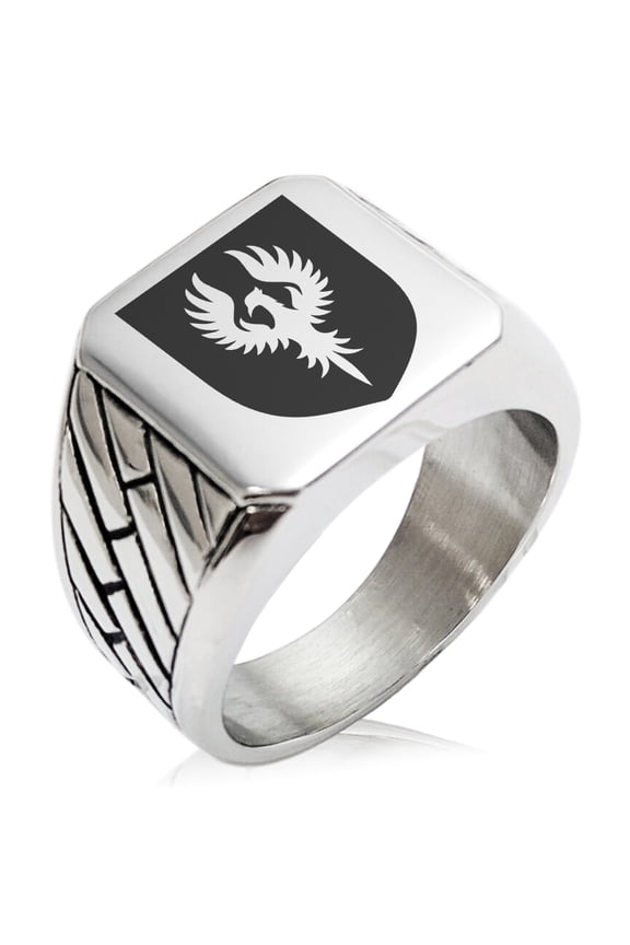 Stainless Steel Phoenix Resurrection Coat of Arms Shield Geometric Pattern Biker Style Polished Ring