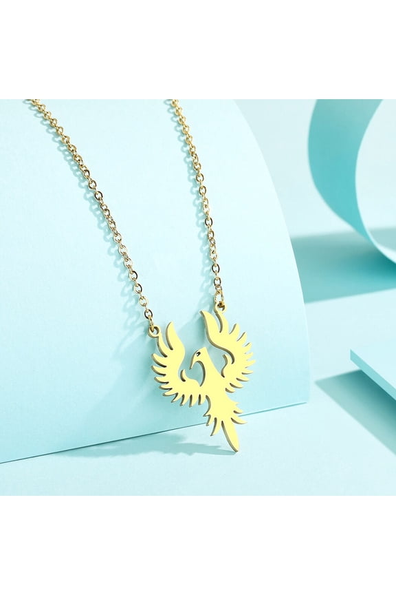 Stainless Steel Phoenix Rising Necklace Charm Bird Pendant Fantasy Jewelry