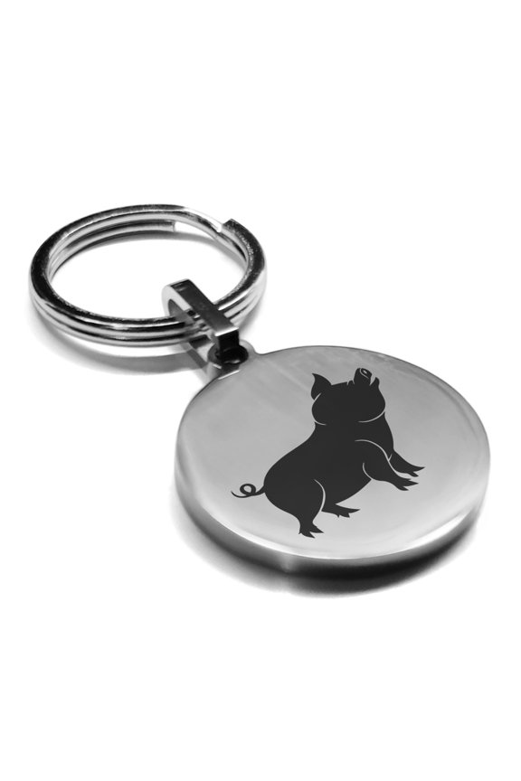 Stainless Steel Pig Good Luck Charm Round Medallion Keychain Circle Ring
