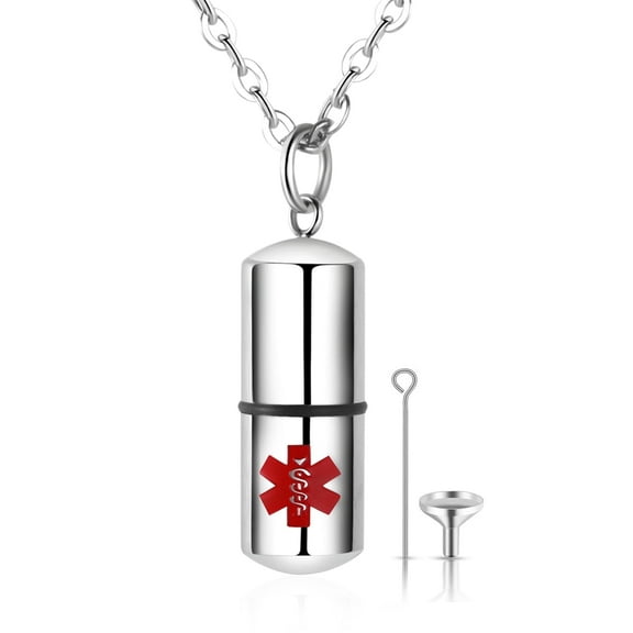 Stainless Steel Pill Shaped Pendant Medical Alert Necklace Keepsake Holder for Men