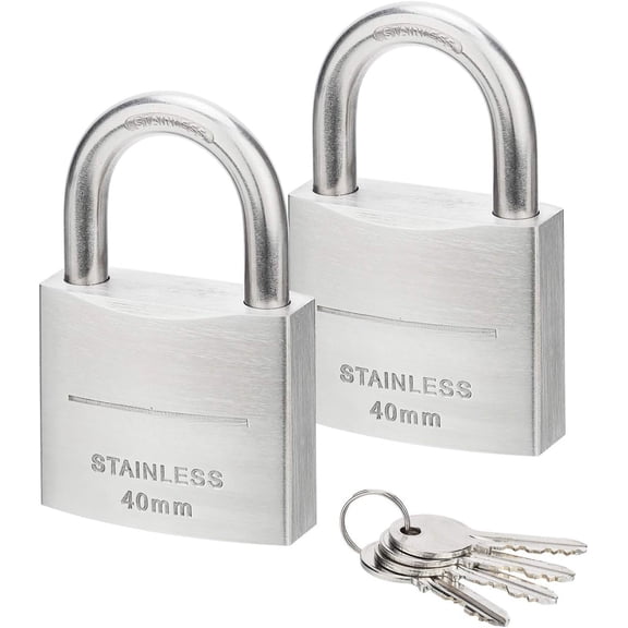 Stainless Steel Pin Tumbler Padlock, 304 Marine Series, Weatherproof Padlock for Outdoor use, 1-1/2 inch Wide , Keyed Alike Locks- Stainless Steel  & Shackle-2 Pack