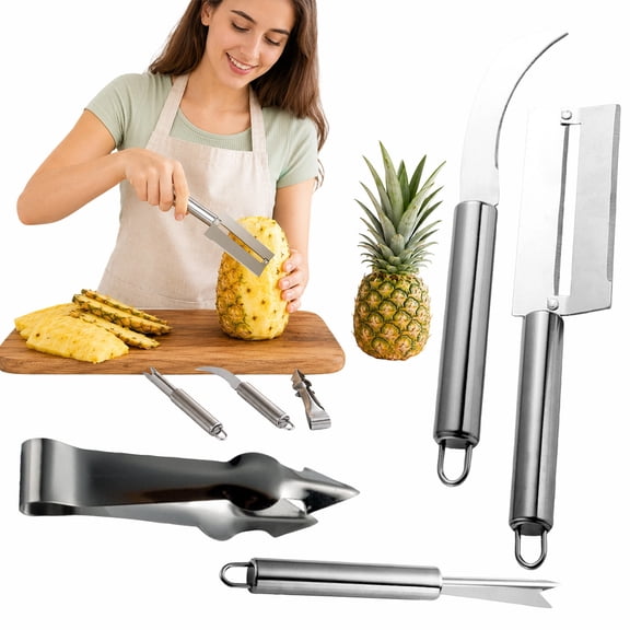 Stainless Steel Pineapple Peeler and Cutter Set 4 Pineapple Corer Remover Slicer Tool with Sugarcane Peeler and Eye Remover Knife for Home Kitchen Pineapple Core Remover