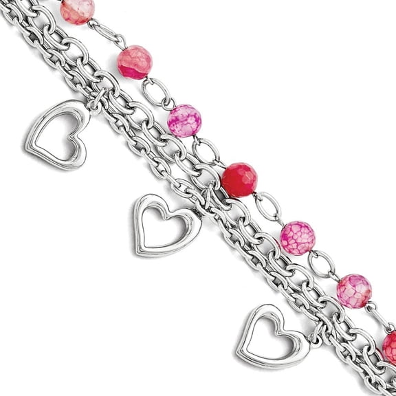 Stainless Steel Pink Agate With Hearts Bracelet - 7.75 Inch