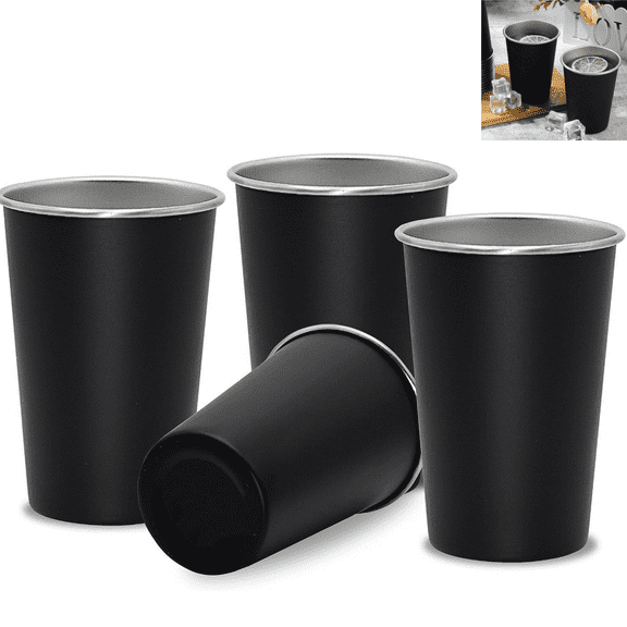 Stainless Steel Pint Cups,260ml/9oz Shatterproof Pint Drinking Cups,Metal Drinking Glasses for Kids and Adults,Black,4 Pack