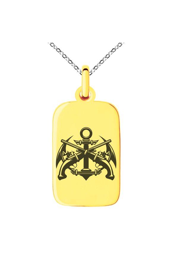 Stainless Steel Pirate Anchor & Pistols Emblem Engraved Small Rectangle Dog Tag Charm Pendant Necklace