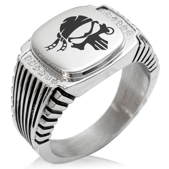 Tioneer Stainless Steel Pirate Bandit Skull CZ Ribbed Needle Stripe Pattern Biker Style Polished Ring