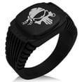 thumbnail image 1 of Stainless Steel Pirate Bandit Skull CZ Ribbed Needle Stripe Pattern Biker Style Polished Ring, 1 of 1