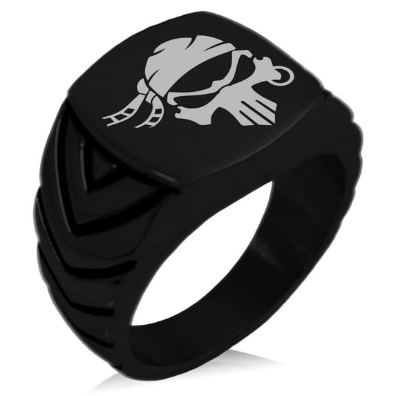 Stainless Steel Pirate Bandit Skull Chevron Pattern Biker Style Polished Ring