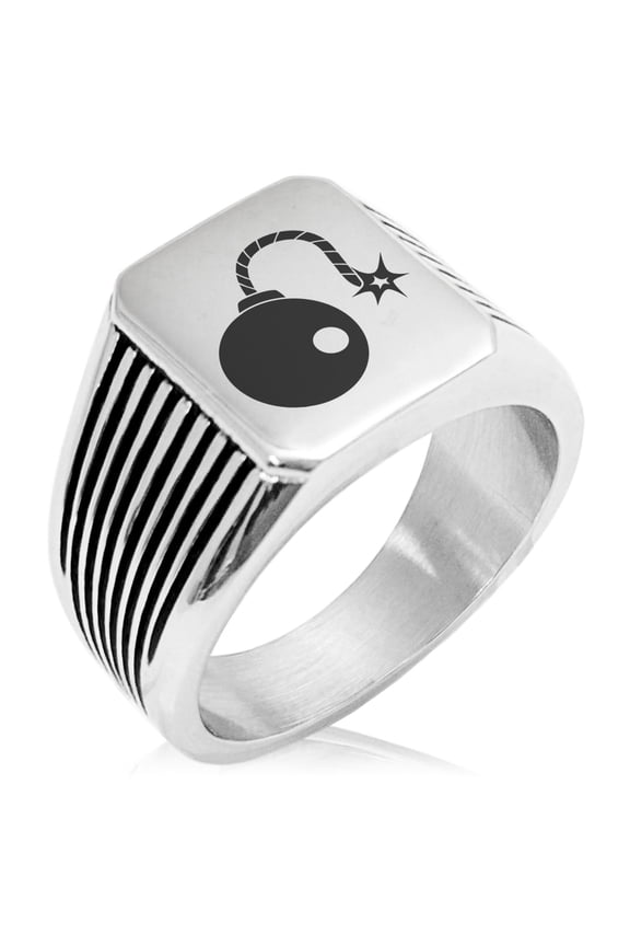Stainless Steel Pirate Bombardier Icon Needle Stripe Pattern Biker Style Polished Ring
