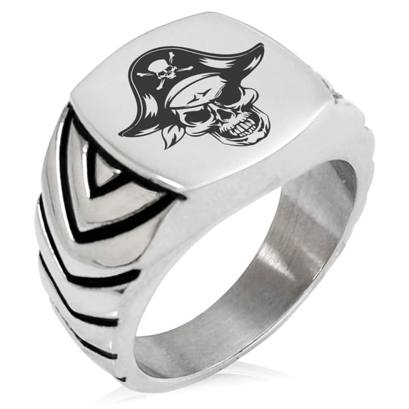 Stainless Steel Pirate Captain Skull Chevron Pattern Biker Style Polished Ring