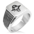 thumbnail image 1 of Stainless Steel Pirate Captain Skull Needle Stripe Pattern Biker Style Polished Ring, 1 of 1