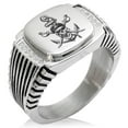 thumbnail image 1 of Stainless Steel Pirate Skull Anchor & Cross Swords CZ Ribbed Needle Stripe Pattern Biker Style Polished Ring, 1 of 1