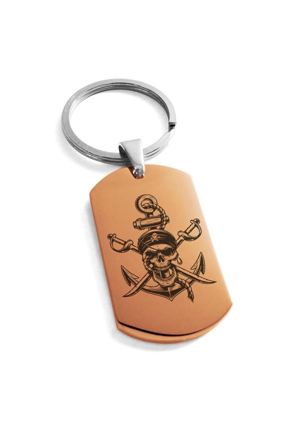 Stainless Steel Pirate Skull Anchor & Cross Swords Engraved Rectangular Dog Tag Keychain Keyring For Unisex 30mm