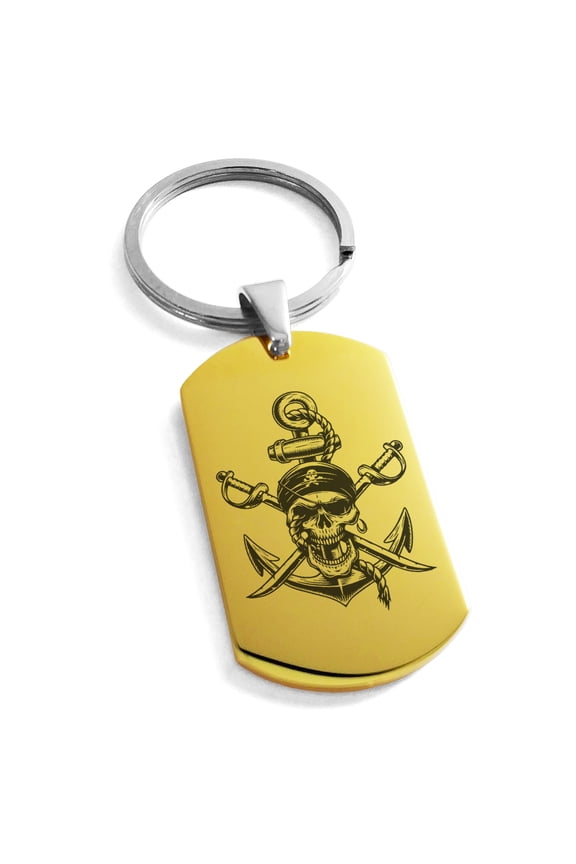 Stainless Steel Pirate Skull Anchor & Cross Swords Engraved Dog Tag Keychain Keyring