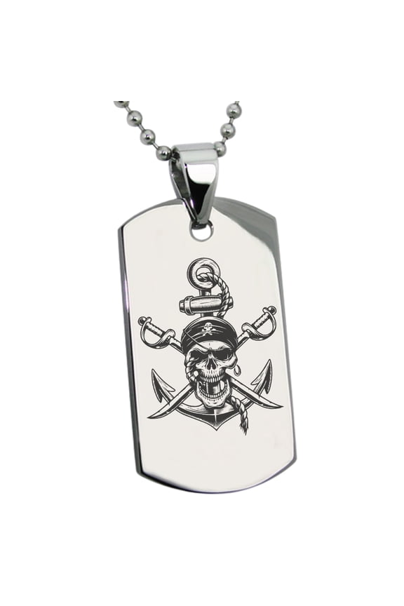 Stainless Steel Pirate Skull Anchor & Cross Swords Engraved Dog Tag Pendant Necklace