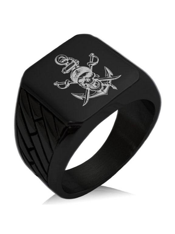 Stainless Steel Pirate Skull Anchor & Cross Swords Geometric Pattern Biker Style Polished Ring