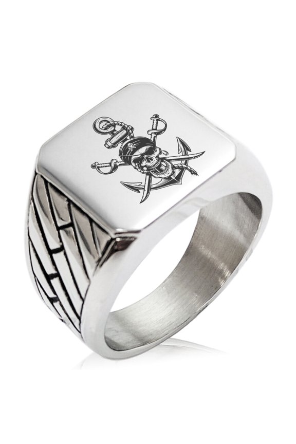Stainless Steel Pirate Skull Anchor & Cross Swords Geometric Pattern Biker Style Polished Ring
