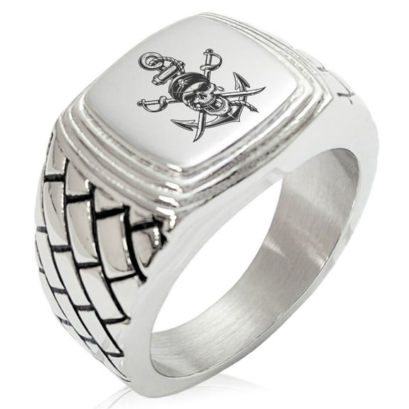 Stainless Steel Pirate Skull Anchor & Cross Swords Geometric Pattern Step-Down Biker Style Polished Ring
