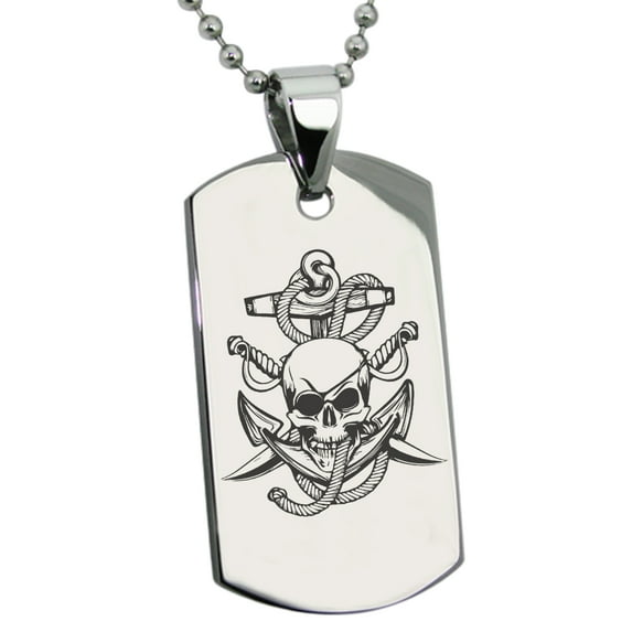 Tioneer Stainless Steel Pirate Skull Anchor & Sabers Engraved Dog Tag Pendant Necklace