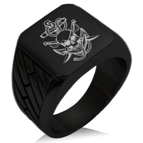 Stainless Steel Pirate Skull Anchor & Sabers Geometric Pattern Biker Style Polished Ring