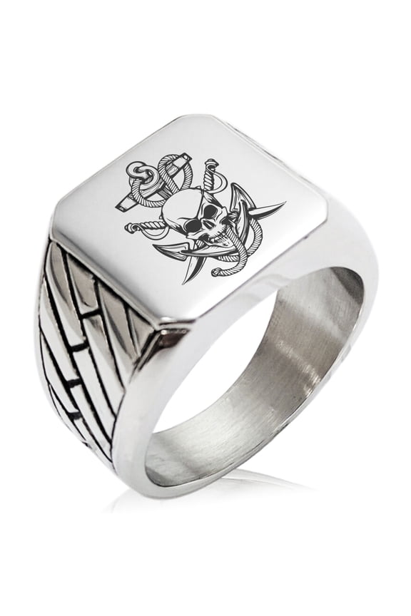 Stainless Steel Pirate Skull Anchor & Sabers Geometric Pattern Biker Style Polished Ring