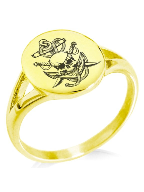 Stainless Steel Pirate Skull Anchor & Sabers Minimalist Oval Top Polished Statement Signet Ring