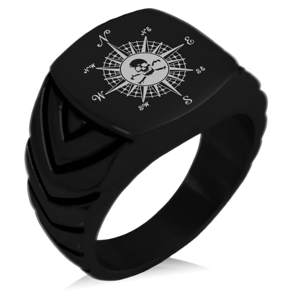 Stainless Steel Pirate Skull Compass Chevron Pattern Biker Style Polished Ring