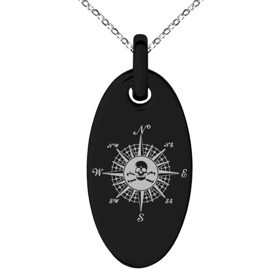 Stainless Steel Pirate Skull Compass Engraved Small Oval Charm Pendant Necklace