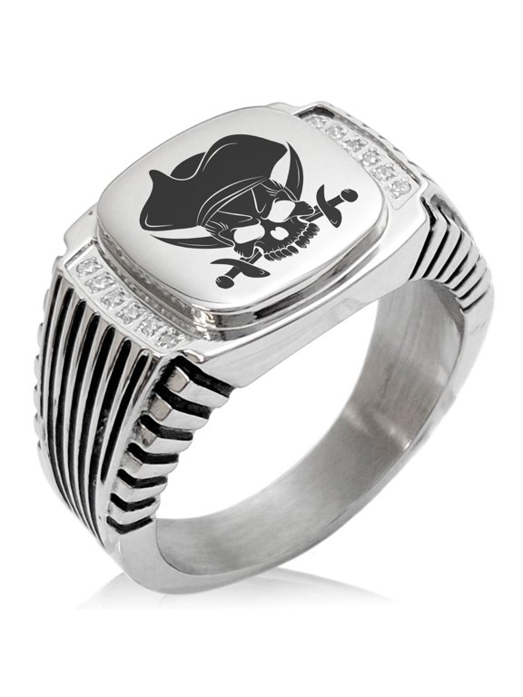 Stainless Steel Pirate Skull & Cross Swords CZ Ribbed Needle Stripe Pattern Biker Style Polished Ring
