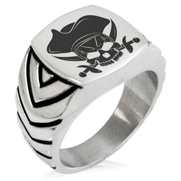 Tioneer Stainless Steel Pirate Skull & Cross Swords Chevron Pattern Biker Style Polished Ring