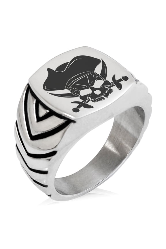Stainless Steel Pirate Skull & Cross Swords Chevron Pattern Biker Style Polished Ring