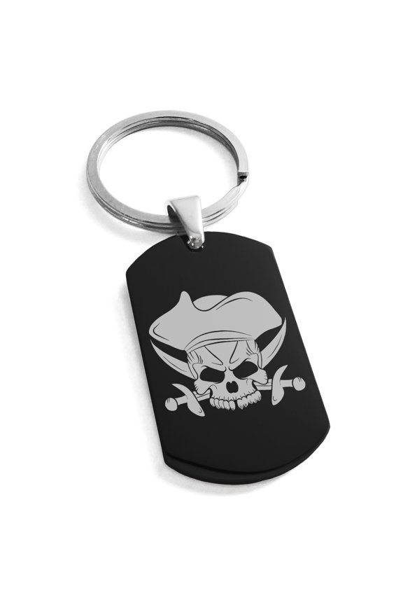 Stainless Steel Pirate Skull & Cross Swords Engraved Dog Tag Keychain Keyring