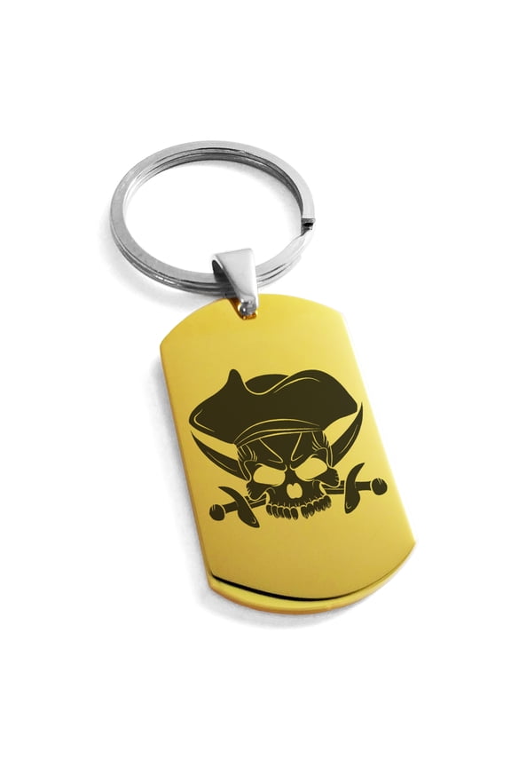 Stainless Steel Pirate Skull & Cross Swords Engraved Dog Tag Keychain Keyring