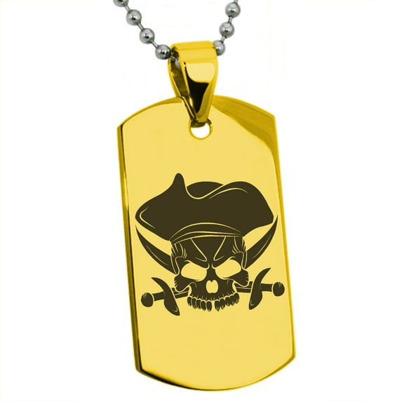 Stainless Steel Pirate Skull & Cross Swords Engraved Dog Tag Pendant Necklace