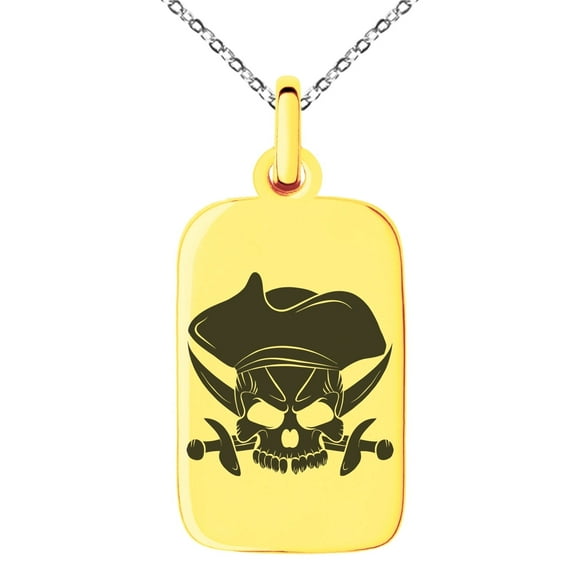 Tioneer Stainless Steel Pirate Skull & Cross Swords Engraved Small Rectangle Dog Tag Charm Pendant Necklace