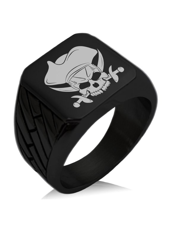 Stainless Steel Pirate Skull & Cross Swords Geometric Pattern Biker Style Polished Ring