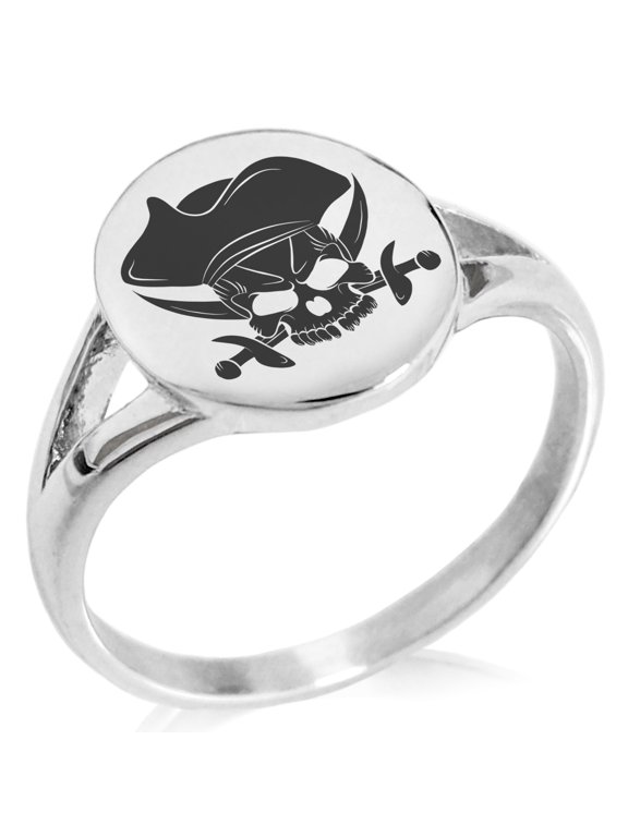 Stainless Steel Pirate Skull & Cross Swords Minimalist Oval Top Polished Statement Signet Ring