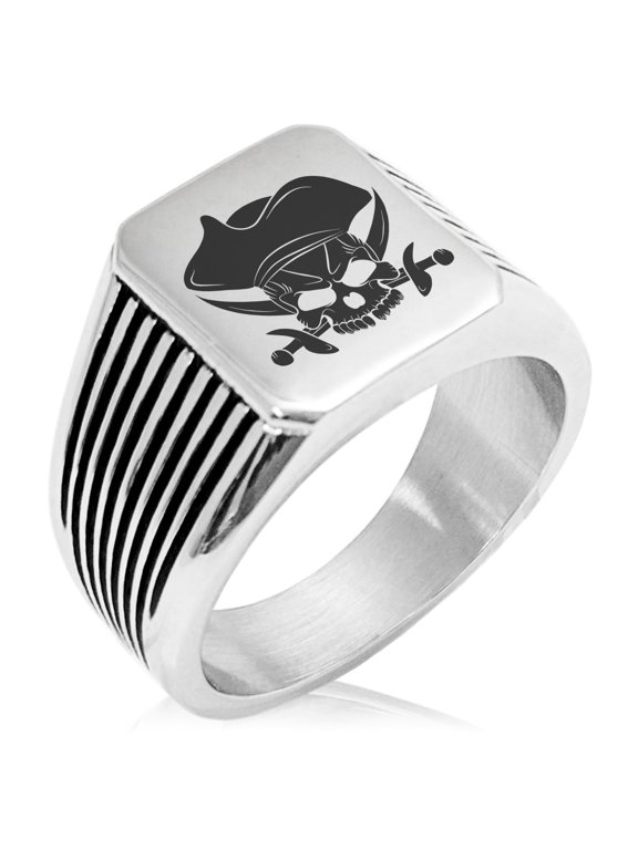 Stainless Steel Pirate Skull & Cross Swords Needle Stripe Pattern Biker Style Polished Ring
