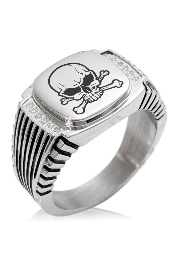 Stainless Steel Pirate Skull & Crossbones CZ Ribbed Needle Stripe Pattern Biker Style Polished Ring