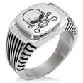 thumbnail image 1 of Tioneer Stainless Steel Pirate Skull & Crossbones CZ Ribbed Needle Stripe Pattern Biker Style Polished Ring, 1 of 1
