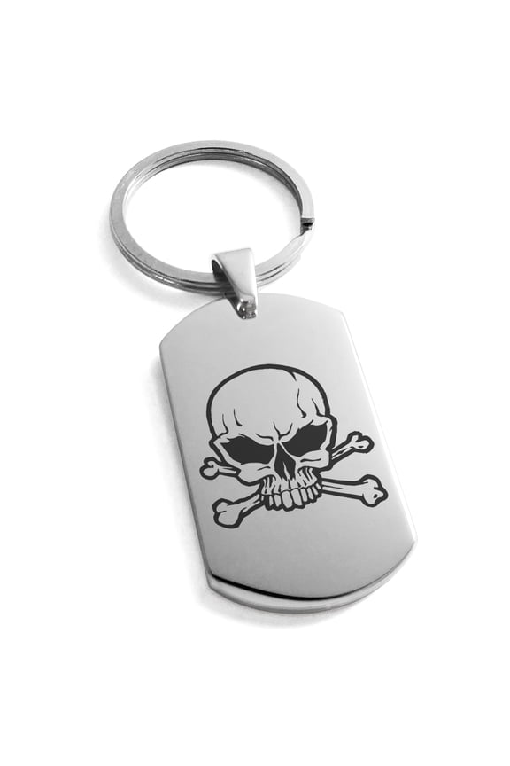 Stainless Steel Pirate Skull & Crossbones Engraved Dog Tag Keychain Keyring
