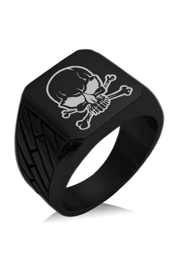Stainless Steel Pirate Skull & Crossbones Geometric Pattern Biker Style Polished Ring