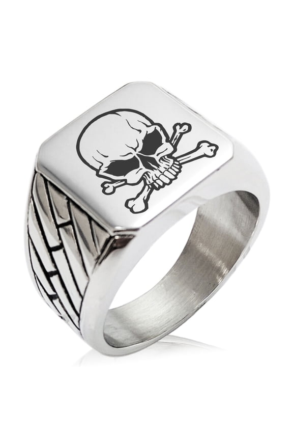 Stainless Steel Pirate Skull & Crossbones Geometric Pattern Male Biker Style Adult Polished Ring